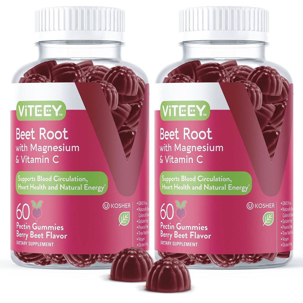 Viteey Beet Root Gummys配有镁和维生素C——Beetroot补充心脏健康,血压支持——Vegan,Gluten-Free——120