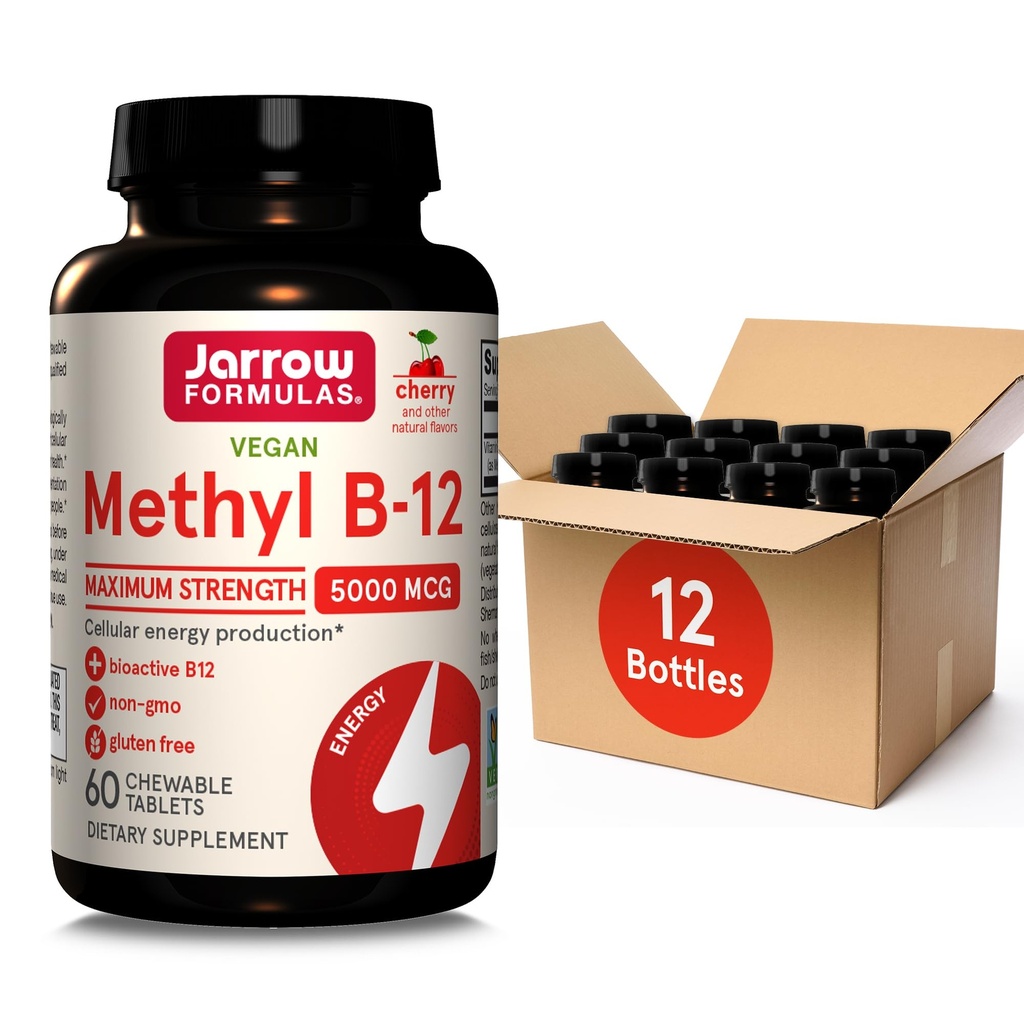 Jarrow Formules 最大强度 甲基B-12 5000 mcg,细胞能生产和脑健康支持的饮食补充,60个樱桃味菜片,60天供应,12包