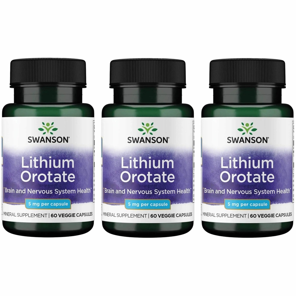 Swanson Lithium Orotate Mood and Memory Support Supplement for Stress-Prone Adults Seeking Emotional Wellness - 5 mg Elemental Lithium (60 Veggie Capsules, 3 Pack)