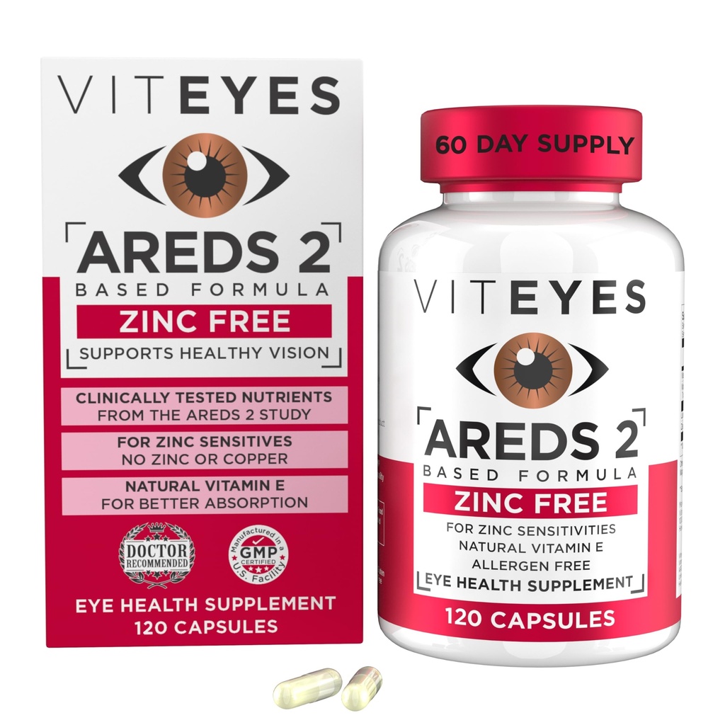 Viteyes AREDS 2 锌自由毛支持,天然Alergen自由毛盖有维生素E,维生素C,Lutein & Zeaxanthin,无锌,无铜,眼科医生信任,美国制造,120Ct