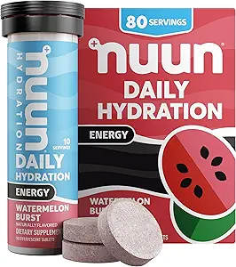 Nun Energy Electrolyte Tables with Ginseng, Cafeine from Green Tea Extra, Vitamin B12, B6, B5, Magnesium & 4 Other Electrolytes, Gluten Free & Vegan, Weatmeln Burst, 8 Pack (共服务80个)
