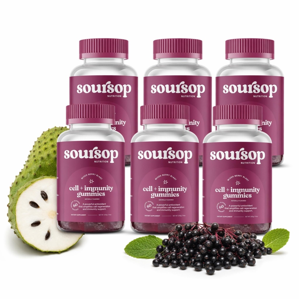 Soursop Graviola Gummies - Sugar Free Soursop Gummies with Vitamin C, Zinc - Digestive Aid, Immune Support & Antioxidants - Made from Soursop Leaves - Sour SOP Supplement for Adults - (Berry 6-Pack)