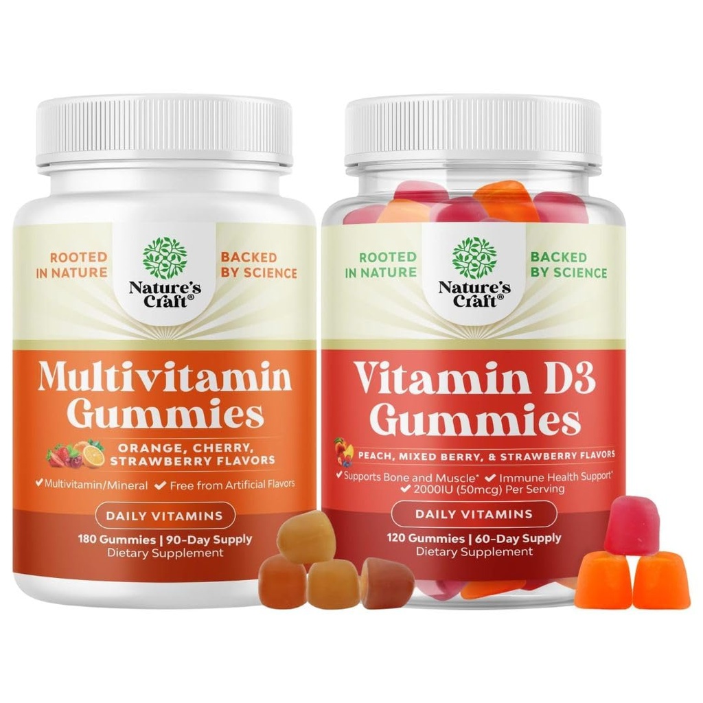 Bundle of Multivitamin Gummies for Adults - Wellness Blend of Vitamin D A C E B12 Zinc & Biotin for Energy & Immunity and Vitamin D3 Gummies with D3 2000IU per Serving Bone Muscle & Immune Support