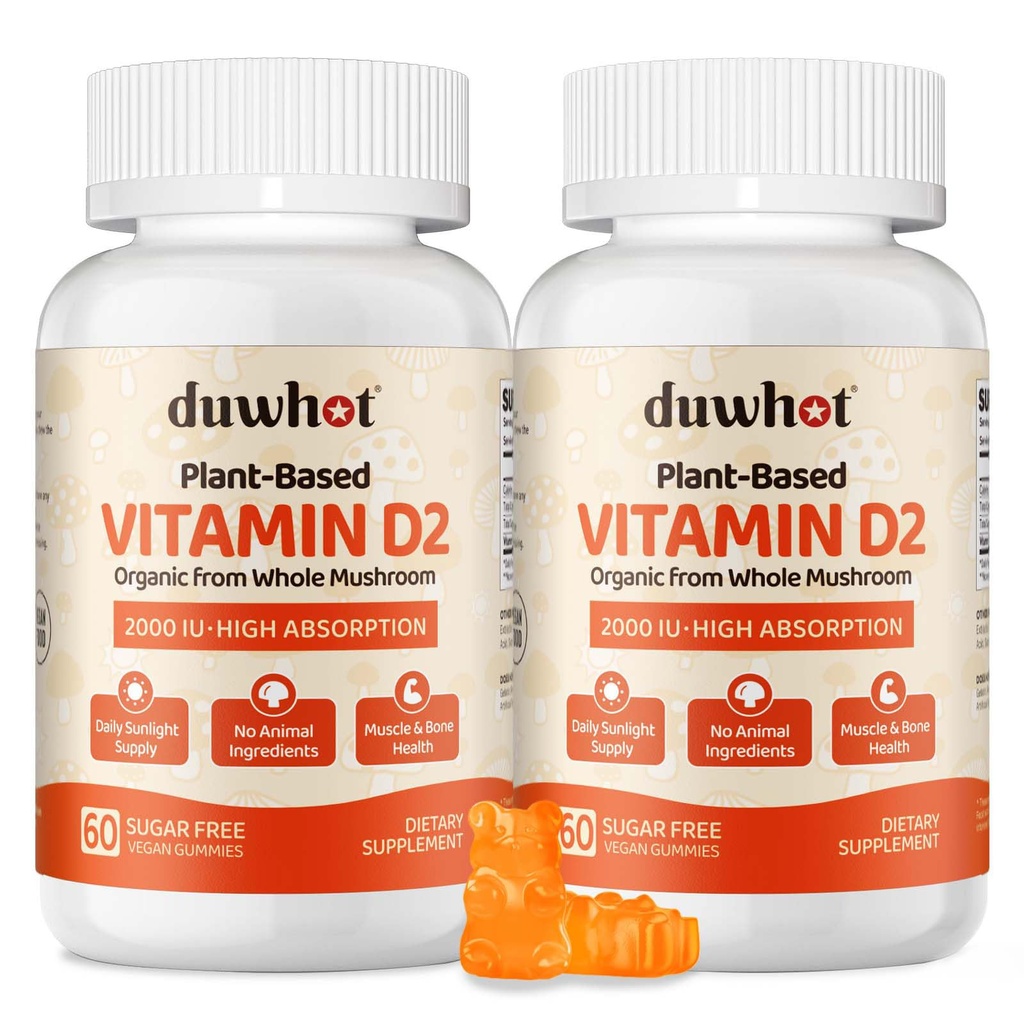 duwhot Vitamin D2 Gummies 2000 IU, Plant-Based D2 Vitamin Supplement from Whole Mushroom, Immune Support, Daily Sunshine Supply，Vegan, Non-GMO, Orange, 120