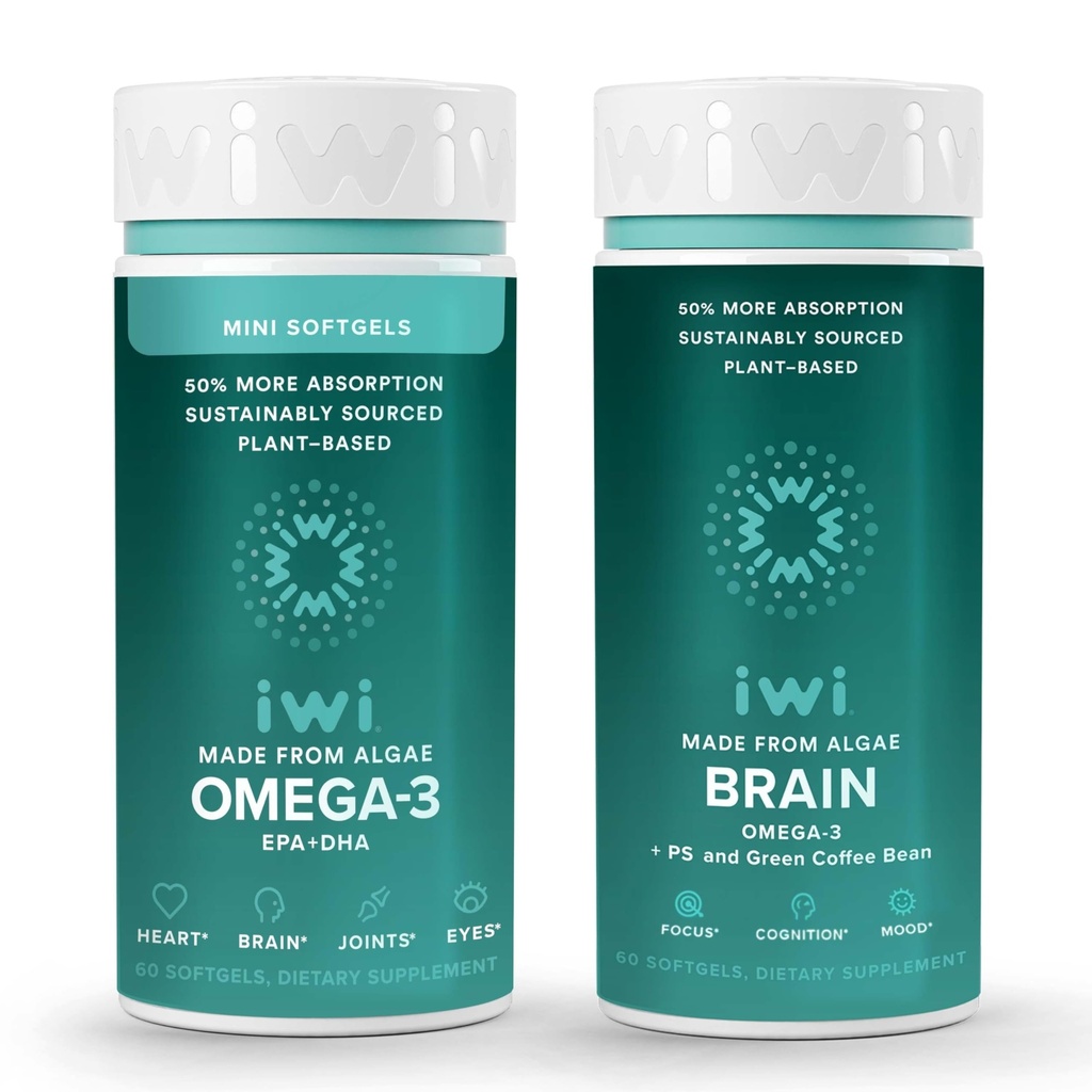 Iwi Omega-3 Minis & Brain Omega-3 Bundle, 30名服务员, Vegan 植物型藻类 Omega 3, 配有 EPA + DHA, Krill 和鱼油替代品, 无鱼余味