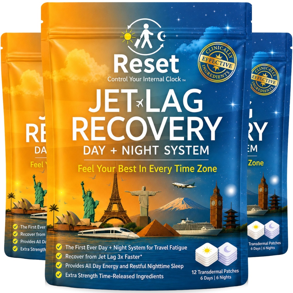 Reset Jet Lag Recovery System | Day and Night Transdermal Patches with Extra Strength Melatonin, Magnesium and B Vitamins | Travel Fatigue Relief, Sleep Support | Energy Boost | Family Travel - 3pk