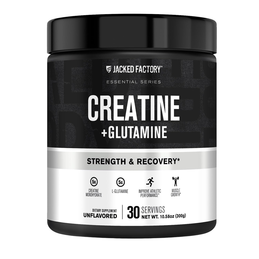 Jaked Factory Creatine + Glutamine - 含L-Glutamine的Creatine补充剂,用于肌肉恢复,肌肉生长,增强力量,增强能量输出,以及Gut Health - 30名服务者,不享受