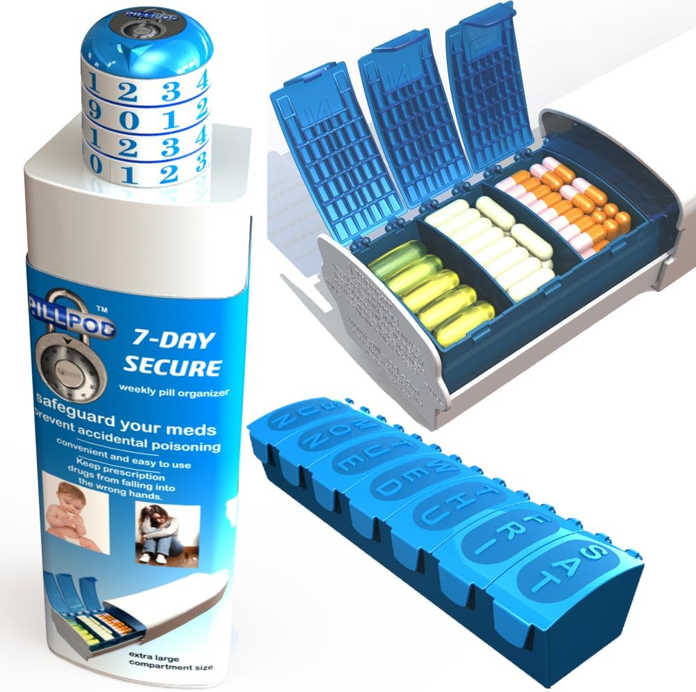 Pill Pod 7天安全,锁药丸组织者,Child-resistant Medication Lock Box, Extra Lige Weekly Pill Planner, 资深友好人士