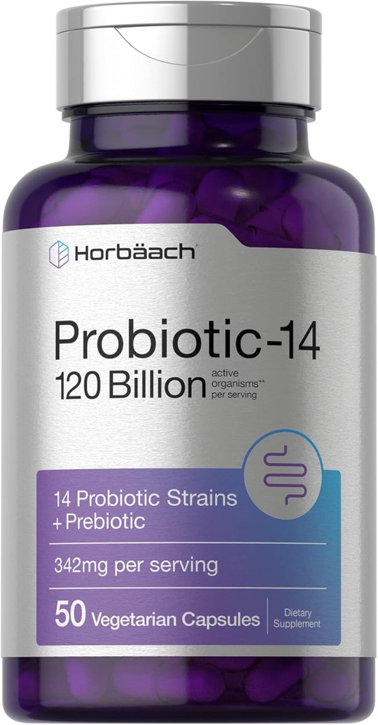 Horbäach Probiotics 120亿 CPU 14 Strains 配有预生素 女性和男性配有 = 50 Capsules = 蔬菜, Non-GMO & Gluten 免费补充