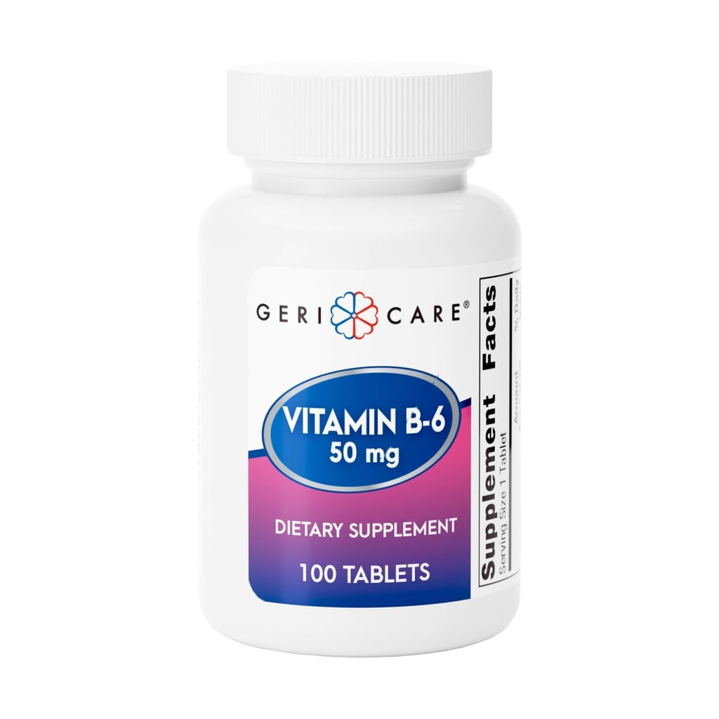 GeriCare Vitamin B-6 50mg Daily Nutritional Support for Healthy Brain Function, Helps Metabolism, Energy and Nervous System Health, 100 Count (Pack of 1)