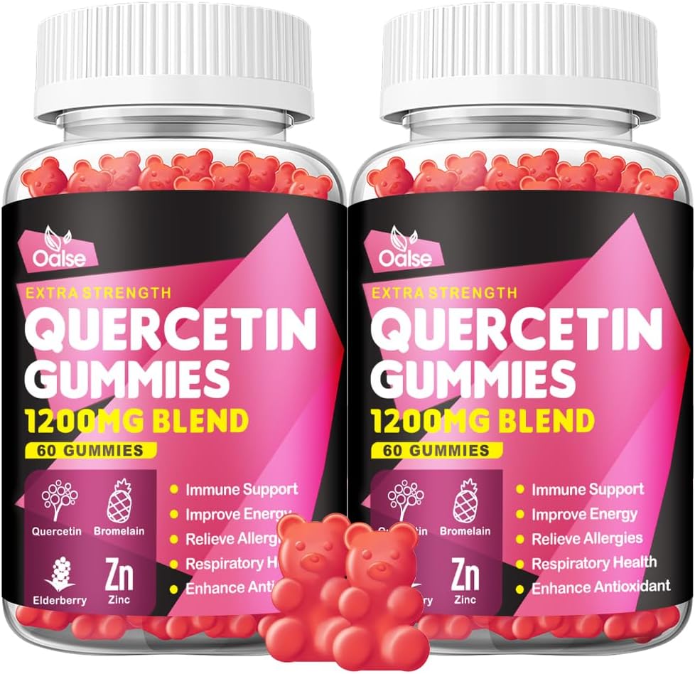 Quercetin Gummys - 含有维生素C和锌的Quercetin + Bromelain + 长老莓 + 维生素 D3-1200mg Quercetin 儿童及成年人豁免和过敏支持补充物(2包)