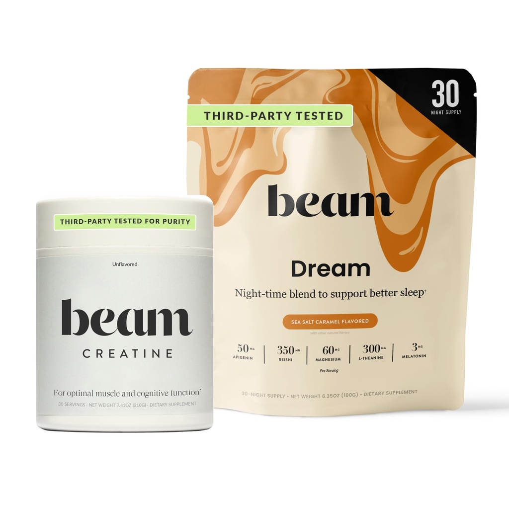 Beam Dream Sleep Powder & Creatine Bundle,第三方测试了天然睡眠援助和复苏补充剂,配有微量化的Creatine Monohydrate,Uniflavored Pure Creatine Power for Muscle Power, Energy