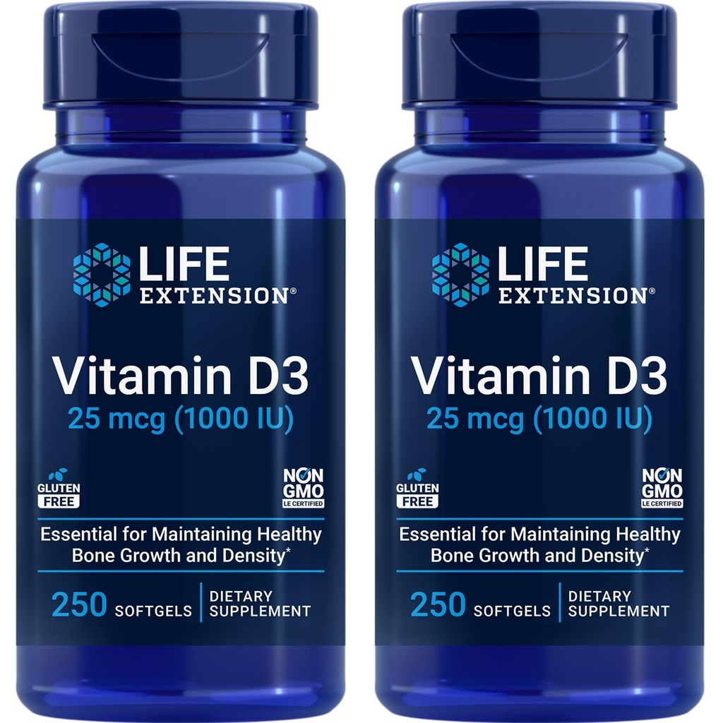 生命延长 维生素D3 25 mcg (1000 IU), 免疫系统支持,骨质健康,全Body健康,价值大小,无糖,非GMO – 2 Pack - 2 x 250软胶