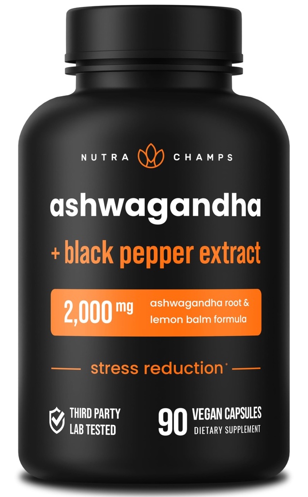 NutraChamps Organical Ashwagandha Capsules, 2000 mg Adrenal Fatigue, 甲状腺素和Mood 支持 Ashwagandha 补充剂, Ashwagandha 根粉和柠檬肉, 高级吸收黑辣椒