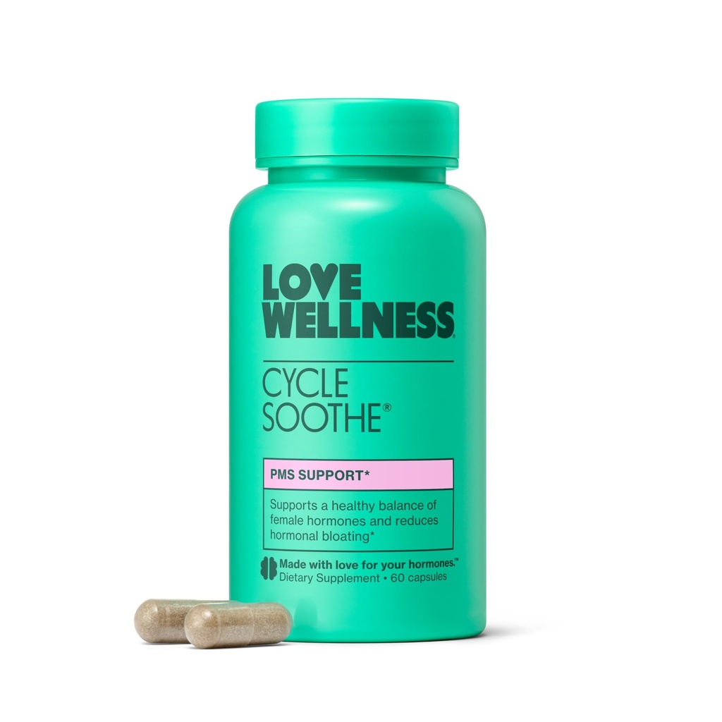 Love Wellness Cycle Soothe Supplement + 推广一种快乐的Mood + 帮助PMS Hormones, 缓解压力, 并改进Mood → 60 Capsules
