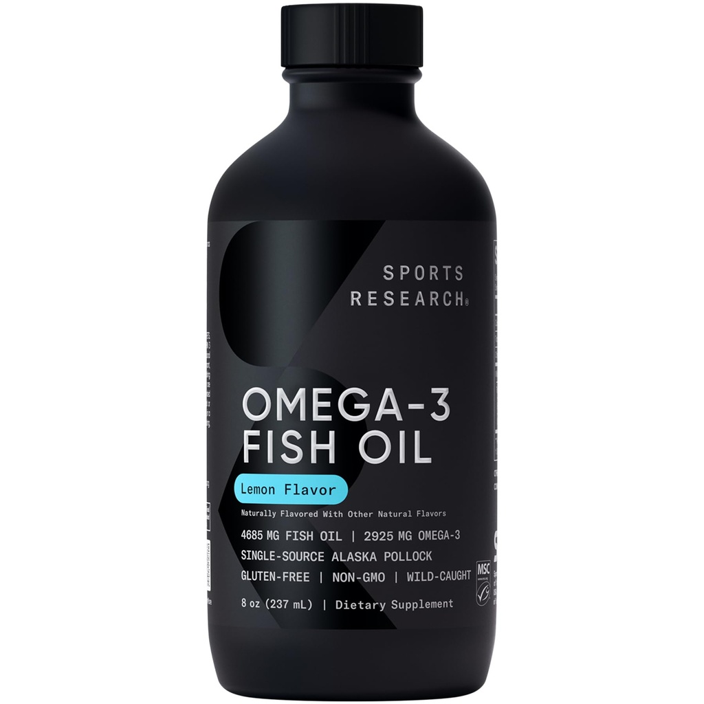 Sports Research® Omega-3 Fish Oil, 8oz Glass Bottle - 4685mg of Wild Caught Alaska Pollock Fish Oil per Serving - Easy-to-Take Liquid · Lemon Flavor · Non-GMO · MSC Certified Sustainable - 48 Servings