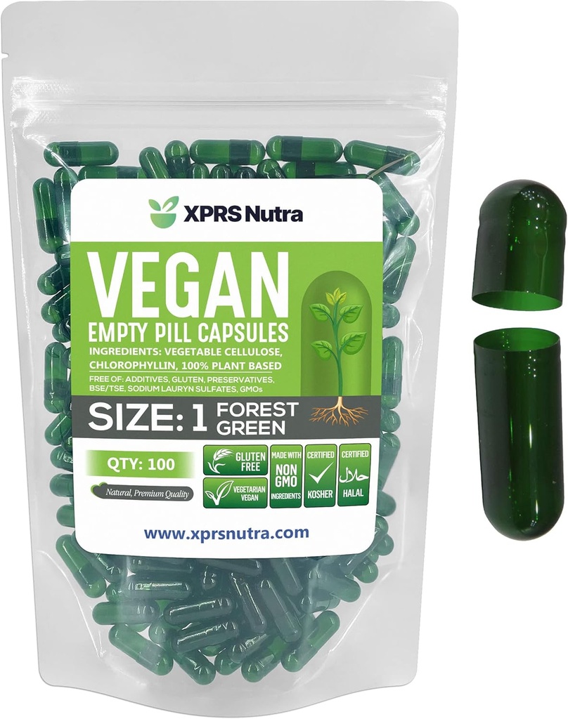 XPRS Nutra尺寸 1 空卡普尔 - 100 空卡普尔 - 100 空卡普尔 - 蔬菜药丸 - DIY 蔬菜卡普尔 填充 - 蔬菜卡普尔用于Do- It- Yourself 补充品(森林绿色)