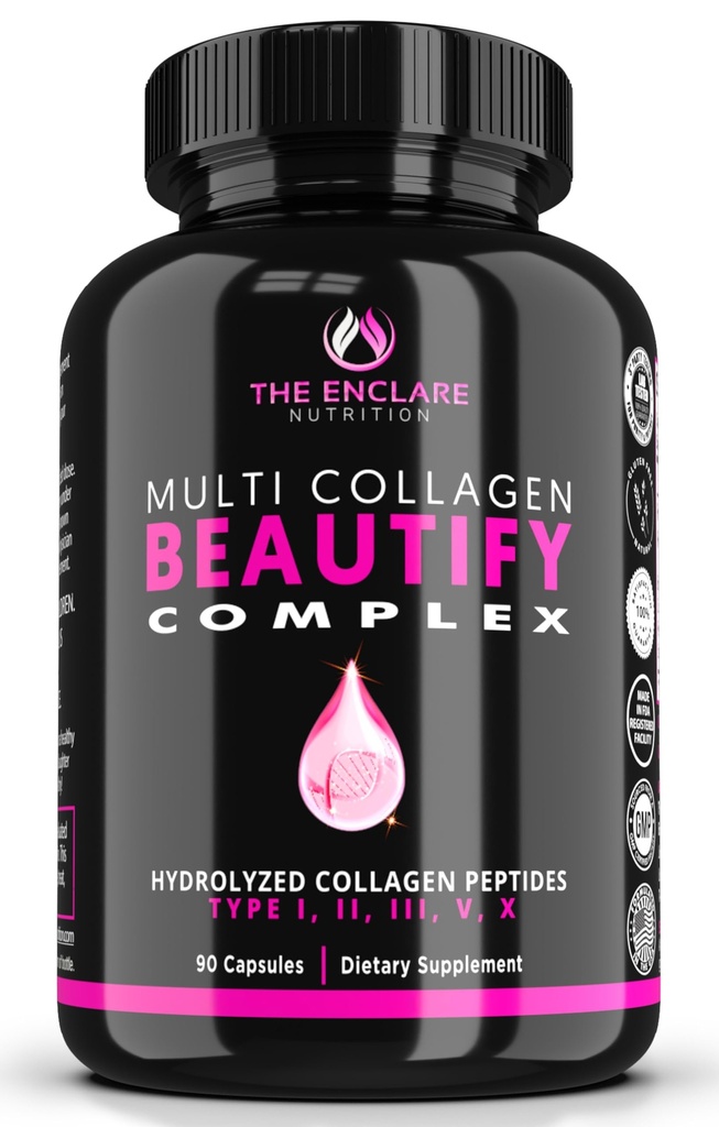 Collagen Pills - Beautify Multi Collagen Complex Capsules Type I, II, III, V, X | Extra Strength Hydrolyzed Collagen Peptides Supplements. Hair Skin Nails Vitamins, 1800mg Collagen Capsules (1)