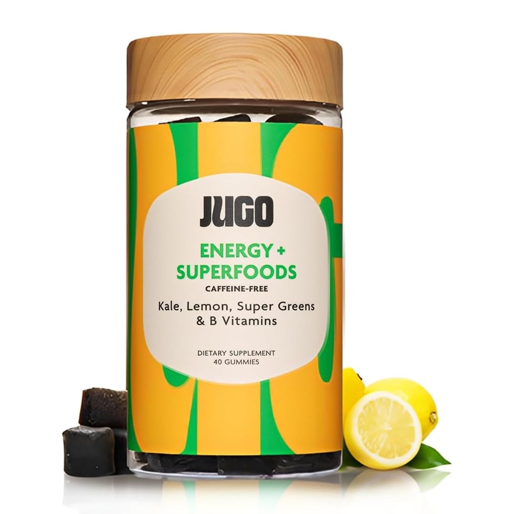 JUGO Energy + SUPERFOODS → Vitamin B12 Gummys with Kale & Super Greens → 40 Cafeine-Free Energy Gummys → Plant-Based, Gelatin-Free,非GMO,美国制造.