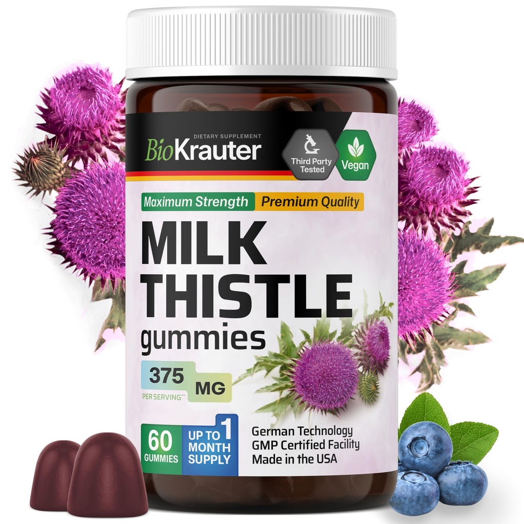 BIO KRAUTER 牛奶 亚特尔 肝脏 解毒剂 Gummys - 1500 mg 强度 - 60 Chews - Silymarin 牛奶 Thisle 补充剂 - Vegan Gelatine-Free Formula