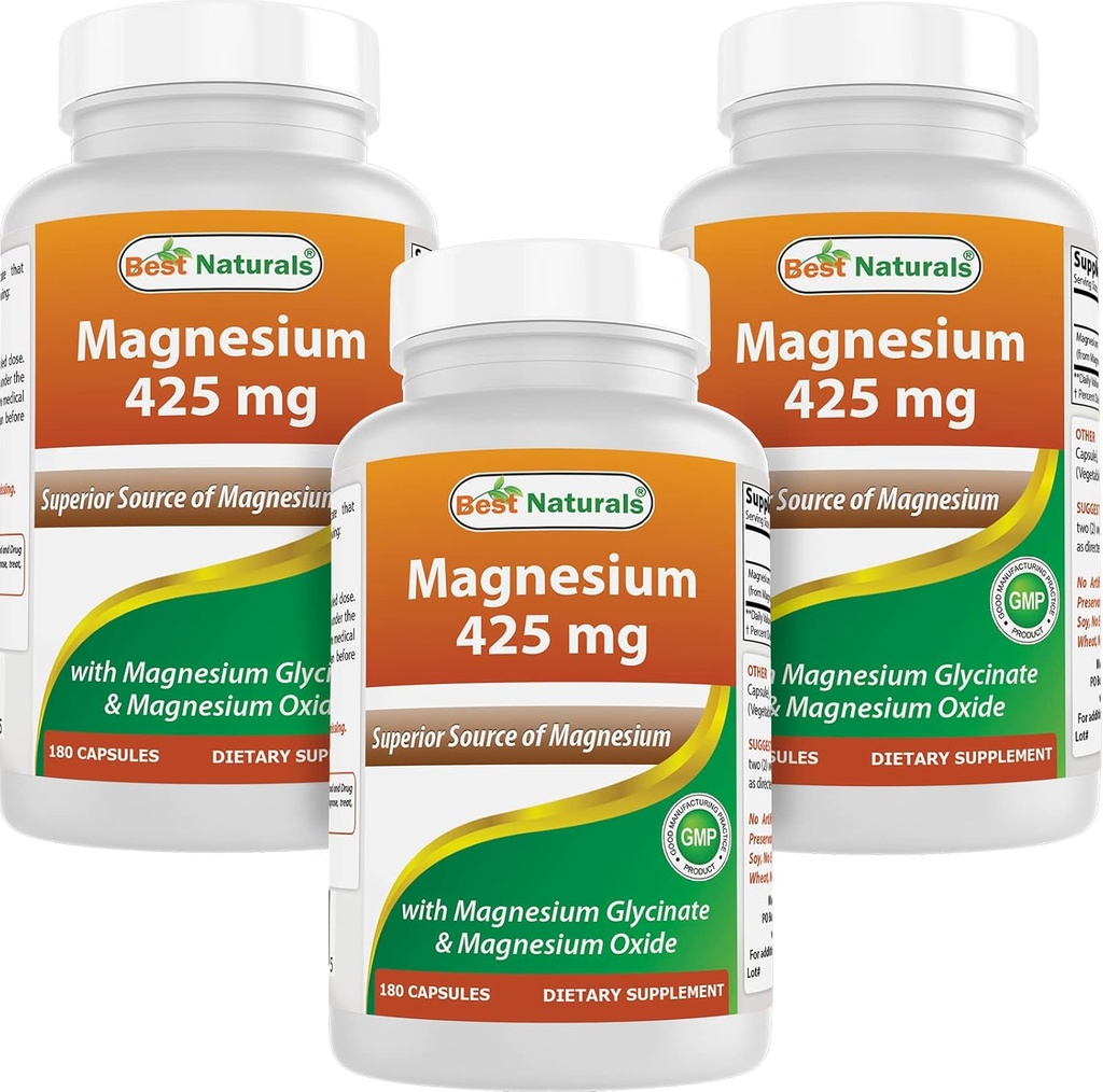 Best Naturals Magnesium 425 mg 180 Veggie Capsules - High Absorption Magnesium Glycinate & Magnesium Oxide Chelated, Non-GMO, Gluten Free Muscle Relax (180 Count (Pack of 3))