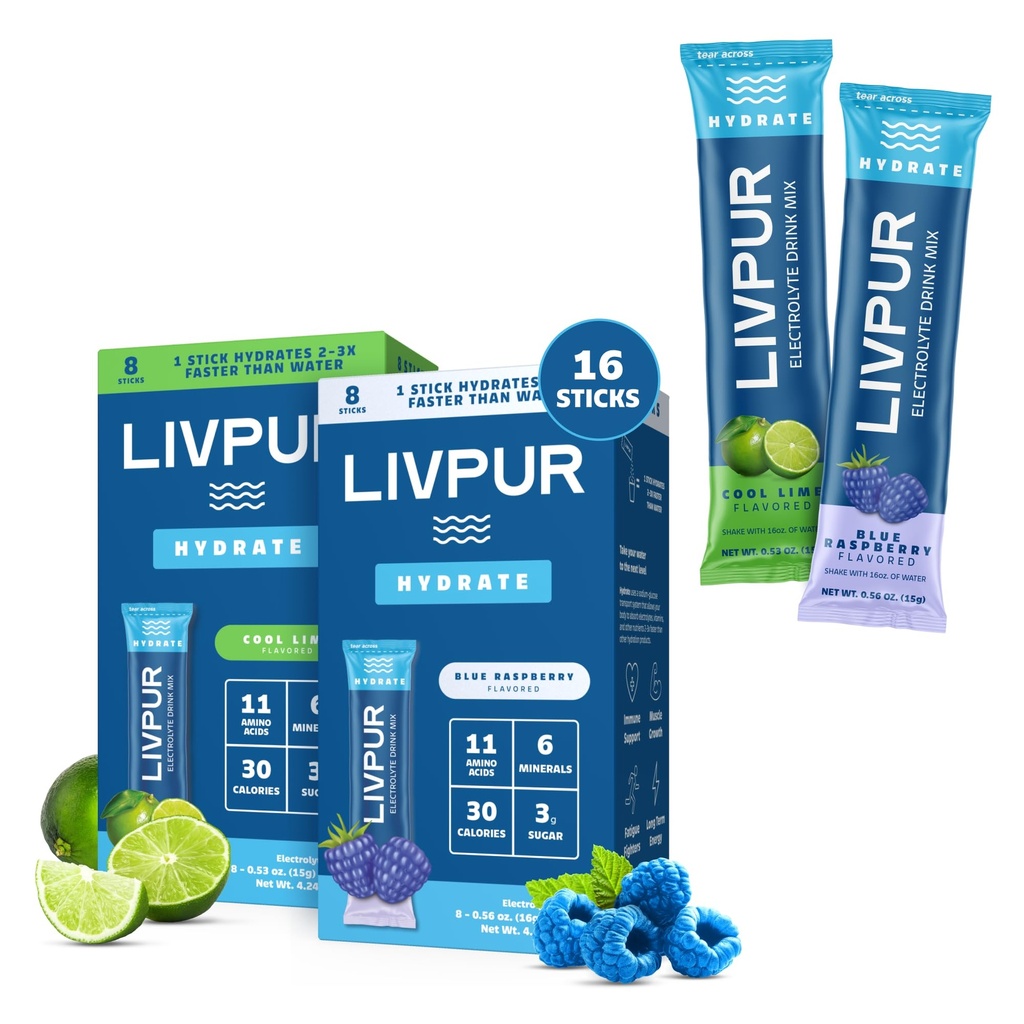 LIVPUR Electrolyte Hydration Powder, Cool Lime & Blue Raspberry, 16 Sticks | Variety pack with essential amino acids and vitamins C, B6, B12; single-serve instant sports drink mix