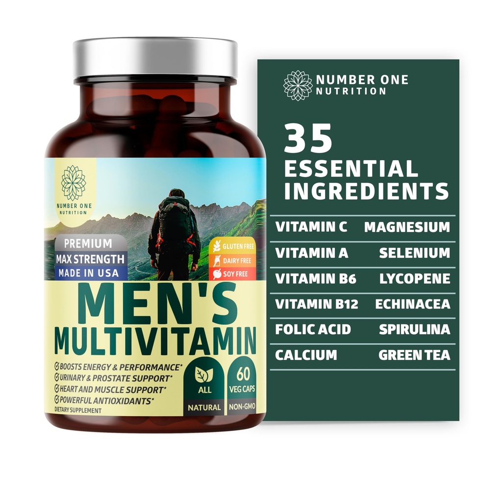 1号营养精华 男子日报多维素补充[Gluten Free, Non-GMO],维生素 A C E D B1 B2 B3 B5 B6 B12,镁,Biotin, Sprulina, 锌, 60 Veg Caps