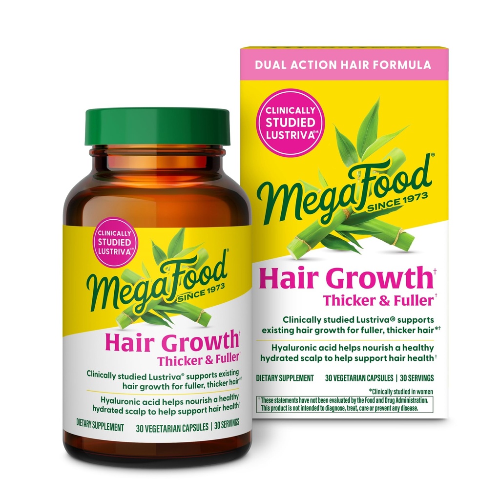 MegaFood Hair Growth – Clinically Studied Lustriva & Hyaluronic Acid - Biotin 10000mcg, Thicker & Fuller Existing Hair Growth Vitamins - 30 Vegetarian Capsules, 30 Servings