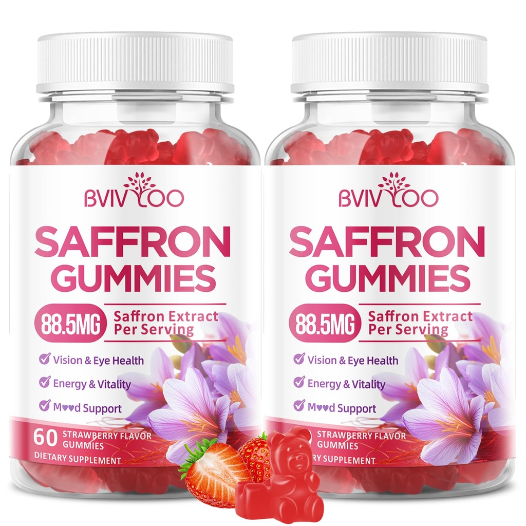 Saffron Gummies for Adult Kids, 10-IN-1 Formula with Saffron 88.5mg, Vitamins D3 & B6, Magnesium, Zinc, Ashwagandha, L-Theanine, St. John's Wort - Supports Mood & Focus, Strawberry Flavor, 60 Count