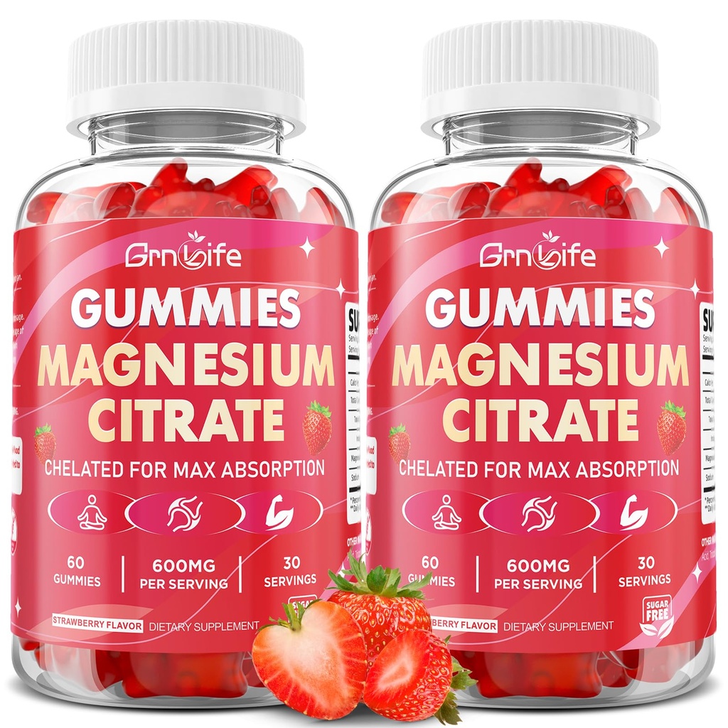 2 Pack Magnesium Citrate Gummies 600mg for Women Men, High Absorption Magnesium Supplement Gummies for Calm, Relaxation, Muscle Health, Vegan, Strawberry Flavor, 120 Count