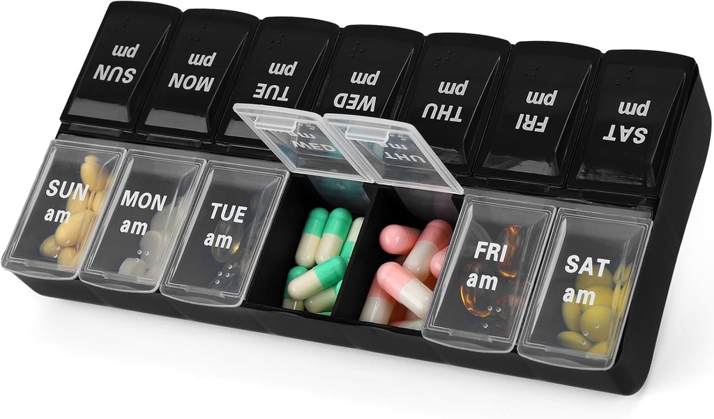 7日周刊 AM PM Pill 组织者,2 Times A Day Lige Pill 配药盒 配药盒(黑+白,Times)
