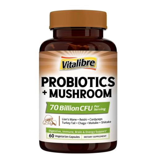 Vitalibre Probiotics+Mushroom, with Lion's Mane, Reishi, Cordyceps, 10 Probiotic Strains, 1000mg Mushroom Extract Blend, for Digestive, Immune, Brain Health & Energy Production, 60 Vegan Capsules