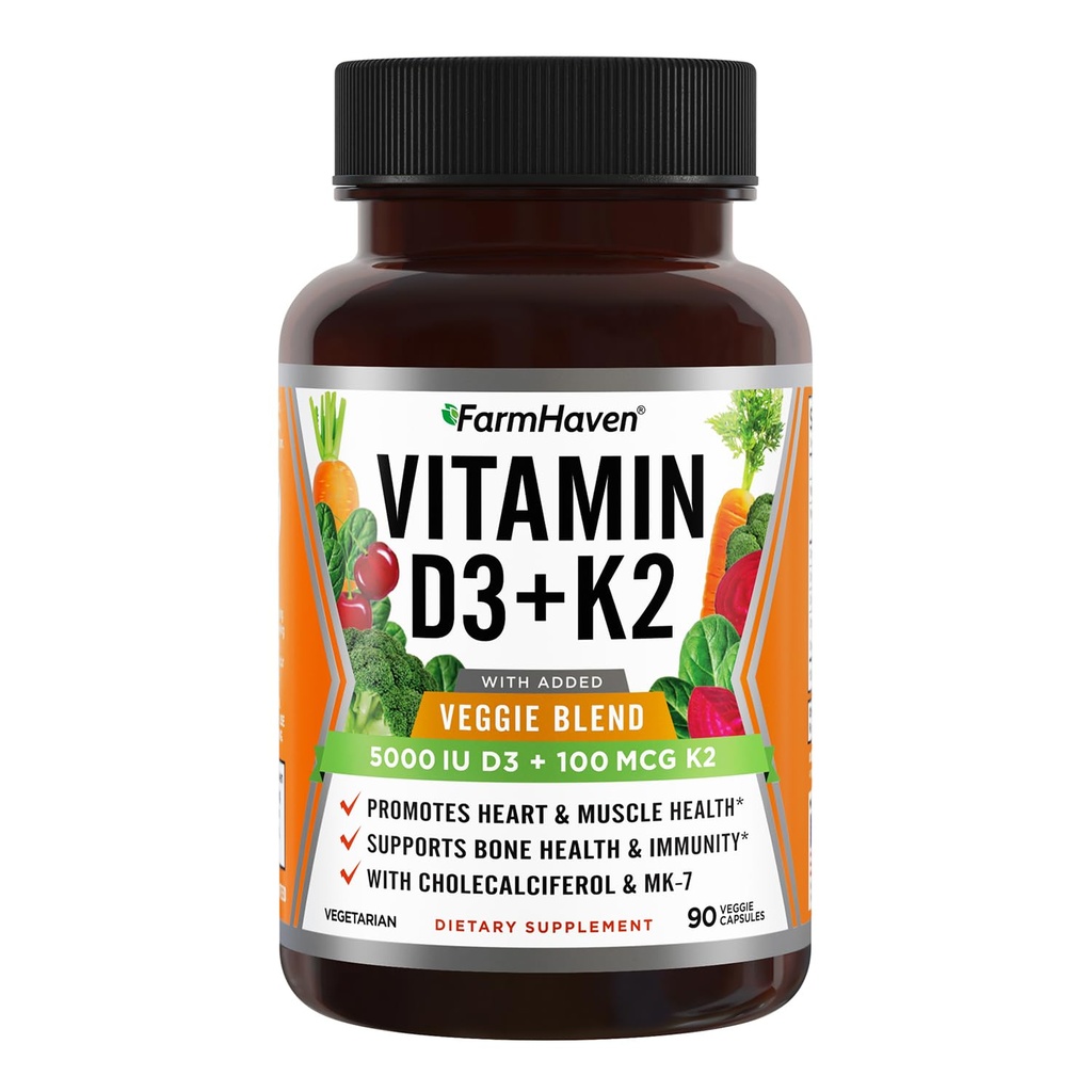 农场维生素D3 K2 卡普尔-5000 IU D3和100 mcg K2 - Cholecalciferol MK7 配有Veggie水果混合剂 - 维生素D K2 补充 免疫系统与心脏健康 - 蔬菜,非GMO, 90 Caps