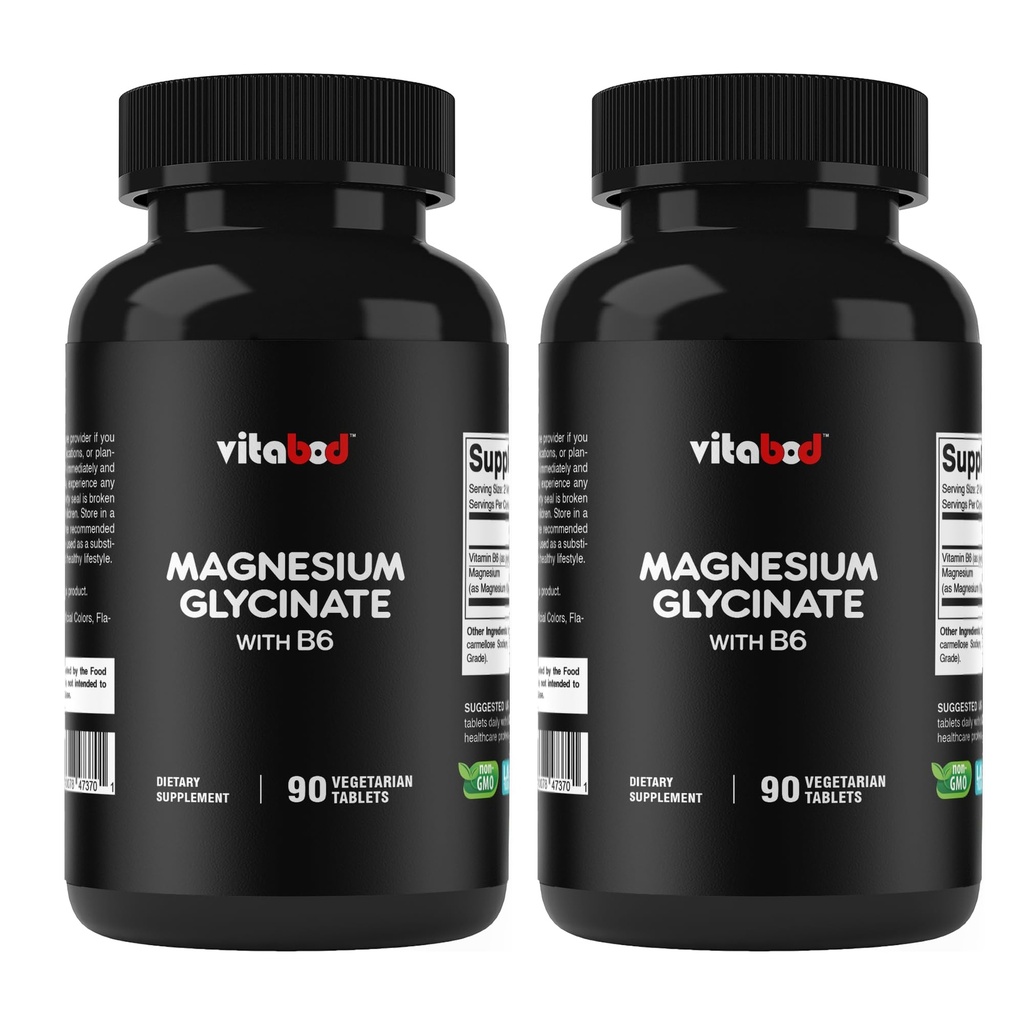 Vitabod Magnesium Glycinate 1000 mg per Serving Providing 300mg of Elemental Magnesium - 90 Vegetarian Tablets - Chelated Form - Supports Muscle, Joint, and Heart Health*- 2 Pack