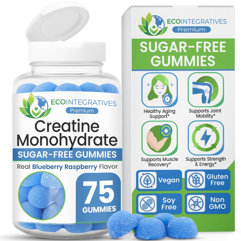 Creatine Monohydrate 5000mg Gummies, Sugar-Free, 75 Count | 5g Creatine Per Serving, for Energy, Brain & Muscle Health*, for Joint Mobility*, Gluten Free, Blueberry Raspberry Flavor