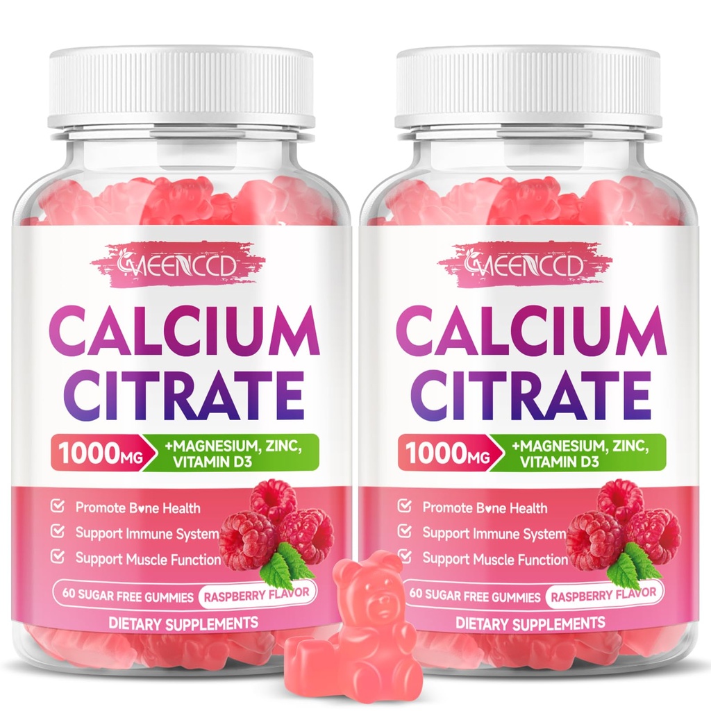 2 Pack Calcium Citrate Gummys 1000mg w/Vitamin D3, 女性和男性的高吸收性Cultium Gummys, + 镁, 钾, 硫磺和硫磺锌, Raspberry Flavor, 120 Counter