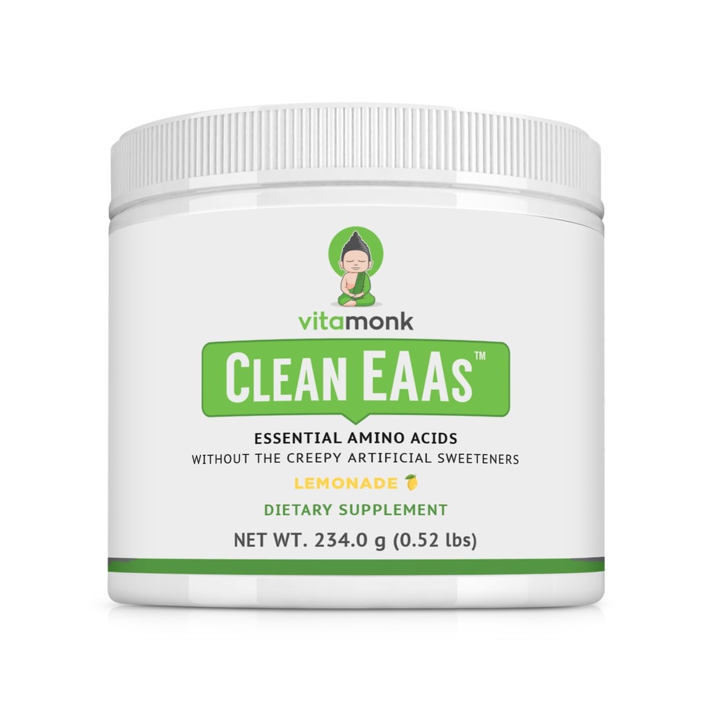 VitaMonk Clean EAA - 无人工甜品的EAAs用于前期工作,能量和回收 - 最大生物可用EAA粉剂 9 基本氨基酸 - 天然柠檬汁火焰