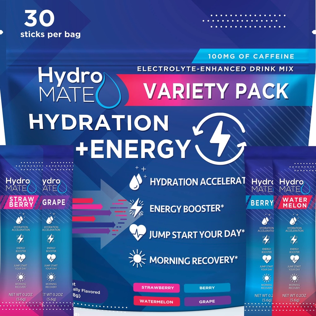 HydroMate 电解石 饮料 混合包装 水分加速器 低糖党 快速恢复 维生素 C + 咖啡因品种包 - 30个计数