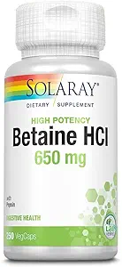 Solaray Betaine HCL 配有百事可乐、高钾氢氯酸配方、健康消化补充剂、Gut健康支持消化酶、60天保障、250种服务、250种蔬菜