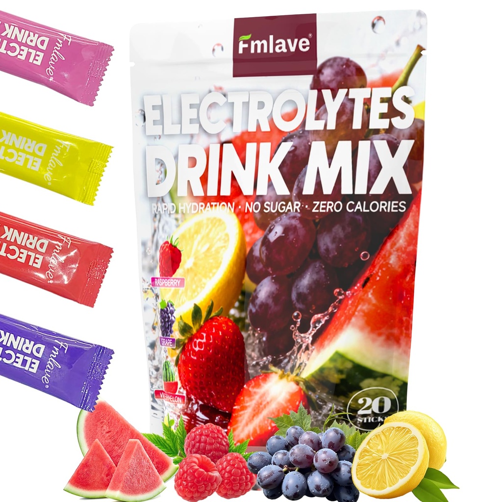 Electrolytes Powder Packets, Zero Sugar, Keto Hydration with 6 Essential Electrolytes, B Vitamins and Zinc, Variety Pack, 20 Sticks Lemon Grape Raspberry Watermelon