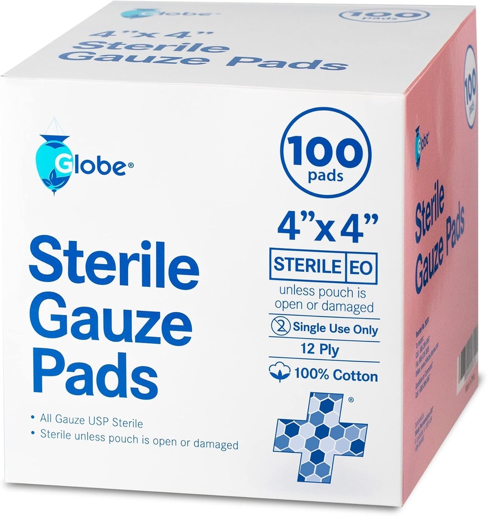 Globe 4’’ x 4" 伤者服饰的高级Sterile Gauze Pades × 100-Pack,个人包装 → 12-Ply 棉花和高吸附 → 高级Gauze 海绵垫 伤者护理和家用急救箱 (4×4)