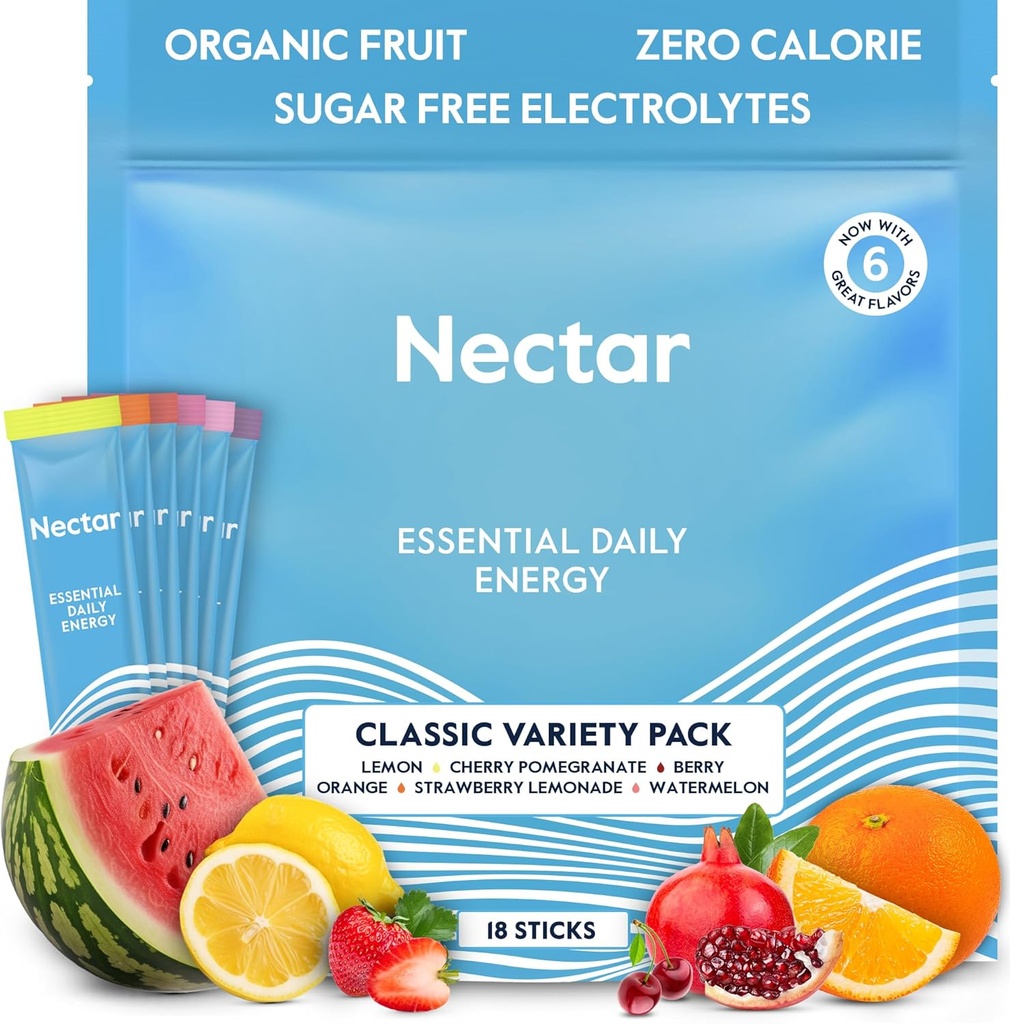 Nectar Energy Booster - 有机咖啡因,B12和电解质 - 无糖和零卡路里 - 健康咖啡,能量饮料和苏达替代品 - 水力和能量补充剂(Variety 18 Powder Packets)
