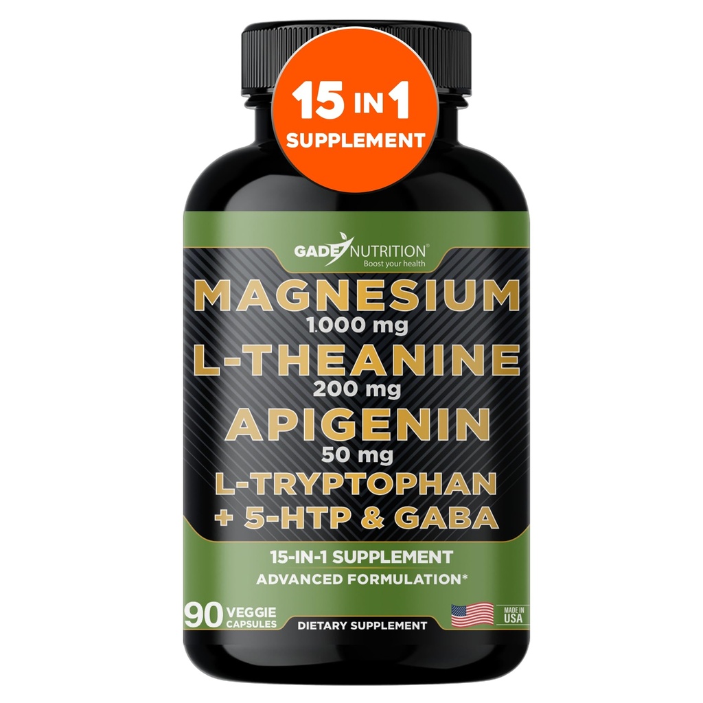甘油营养镁(Glycinate & Magneisum)与阿皮根宁的辅料,L Theanine 200 mg, 5 HTP, GABA 冷静脑促进剂 辅料睡眠援助 Ashwagandha L Tryptophan Chamomile
