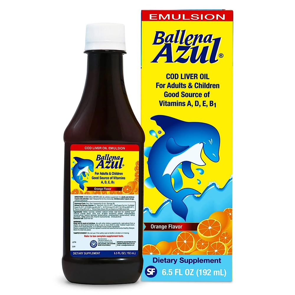 Ballena Azul Aceite de Hígado de Bacalao para Adultos y Niños, COD Liver Oil for Adults and Children, Good Source of Vitamins A,D,E, B1, Omega 3, Orange Flavor
