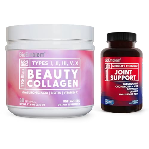 BioEmblem Beauty Collagen - 11G Hydrolyzed Multi-Collagen Peptides & Joint Support - Glucosamine Chondroitin + MSM