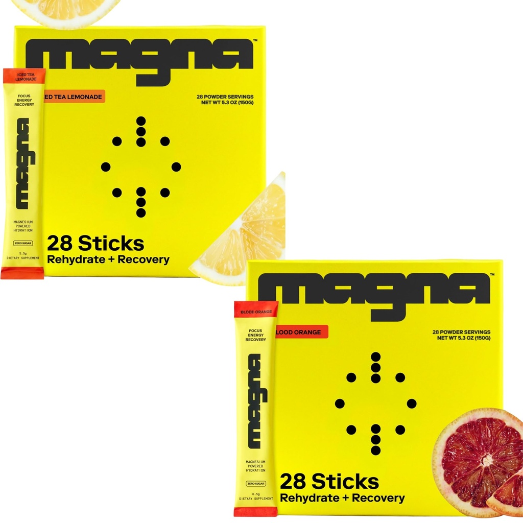MAGNA Electrolytes Powder Drink Mix Bundle – Tea Lemonade & Blood Orange Flavors, 56 Servings | Hydration, Energy & Focus Support with Sodium, Potassium, Vitamin D, B6 & B12