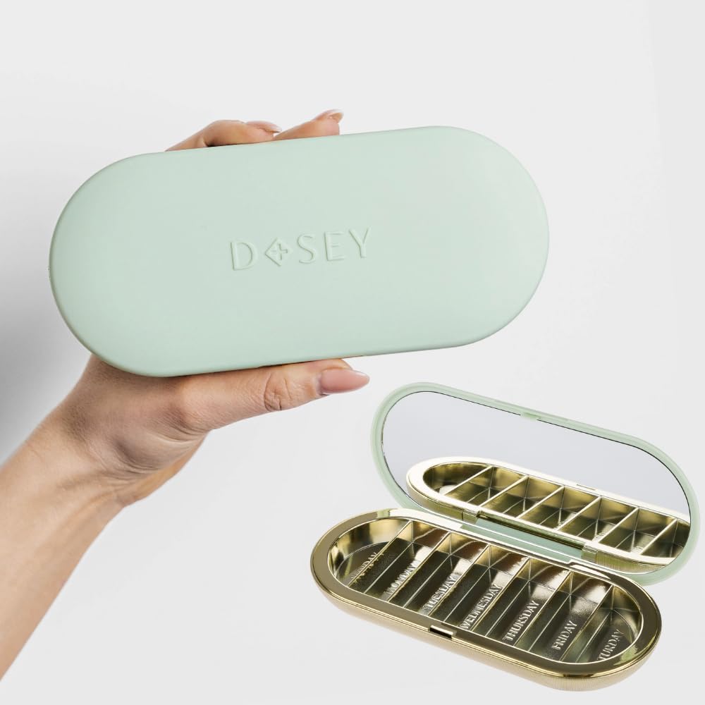 Dosey 7 Day Pill Compact 旅行药丸组织者 - 配有7种药丸的药丸案例,用于药品储存和保护 – 配有镜,圣贤的时髦和精良药剂组织者