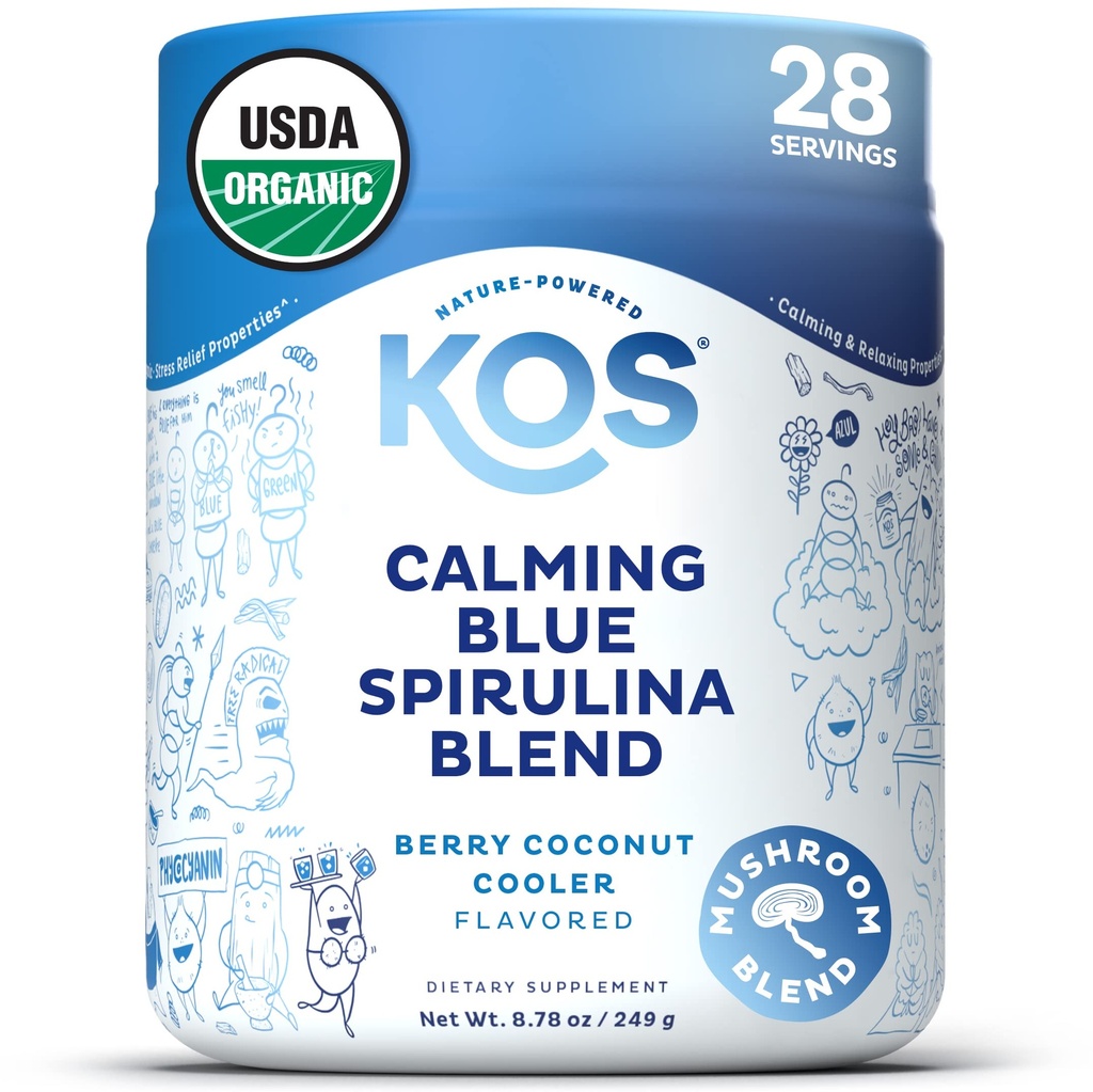 KOS Calming Blue Spirulina Blend- USDA Certified Organic - Algae Superfood Powder with Ashwagandha Root, Lemon Balm, Reishi Mushroom, B Vitamins - Berry Coconut Cooler Flavor, 28 Servings