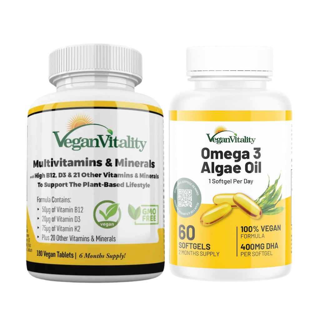 Vegan 生命豁免 6个月-Vegan 多维塔明和Vegen Omega 3 Algae Oil. 维加斯和蔬菜的豁免、能源总体健康高强度工厂公式