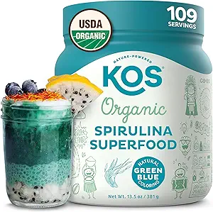 KOS USDA 有机螺旋状粉末,天然味-100%纯,无辐照的Vegan Green 蓝螺旋状粉末,植物基-富含蛋白质,维生素,抗氧化剂和纤维,60种服务袋